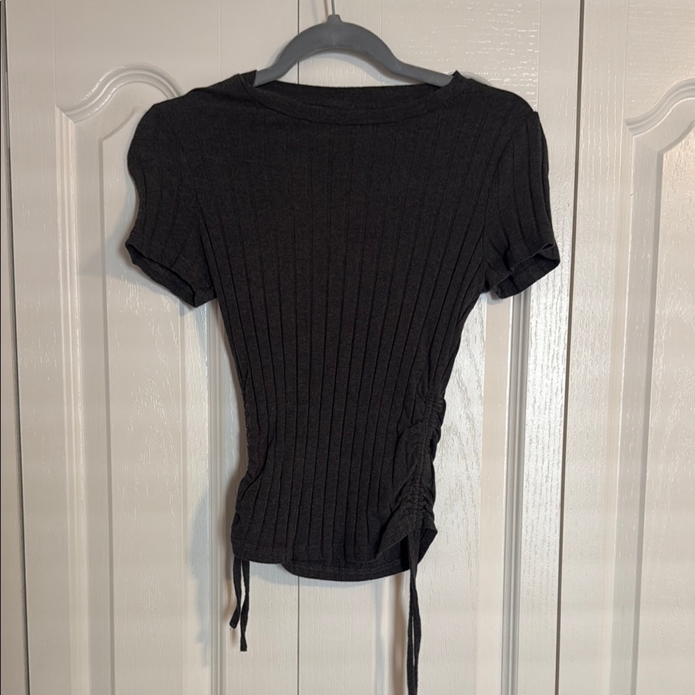 SHEIN Grey Ribbed Ruched Short Sleeve Blouse